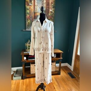 Umgee Cream and Brown Embroidered Pantsuit